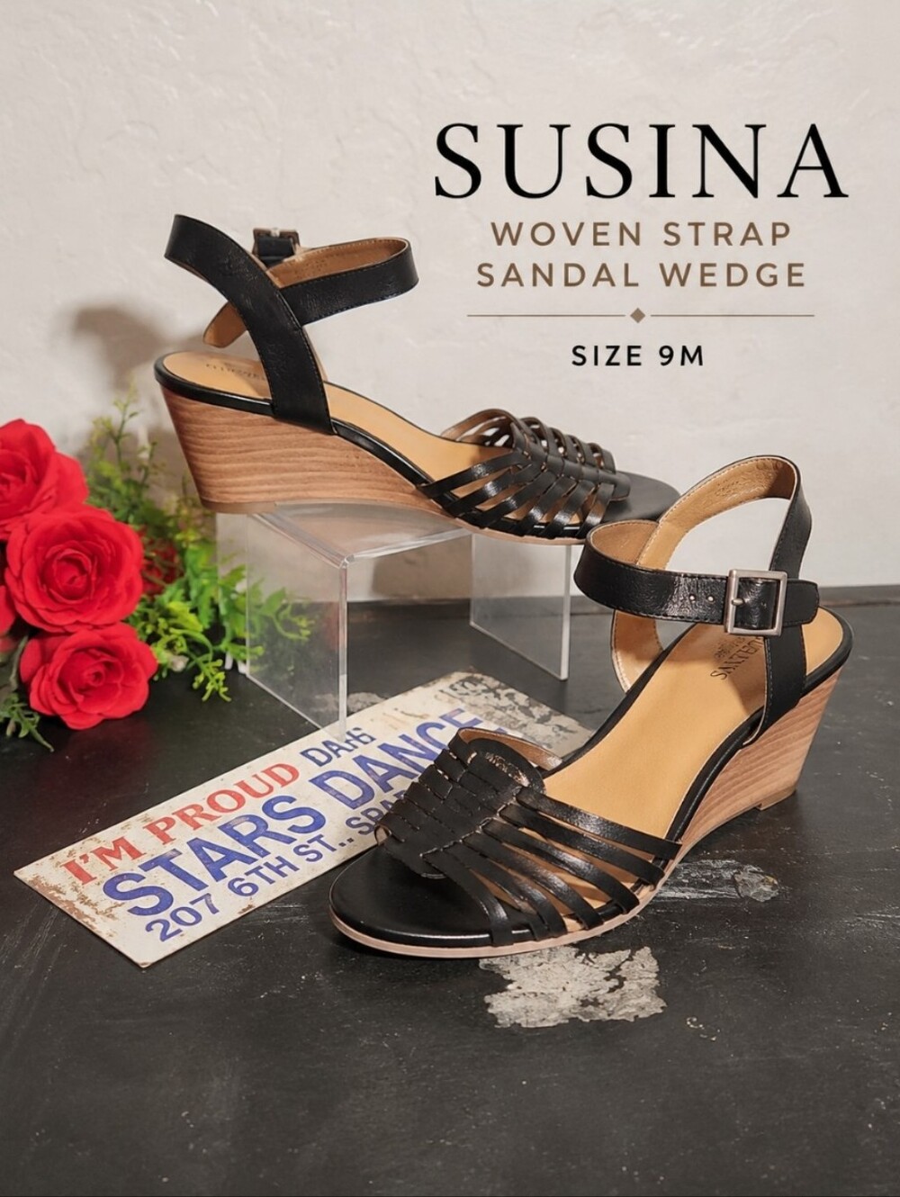 SUSINA Black Woven Strap Sandal Wedge 9M